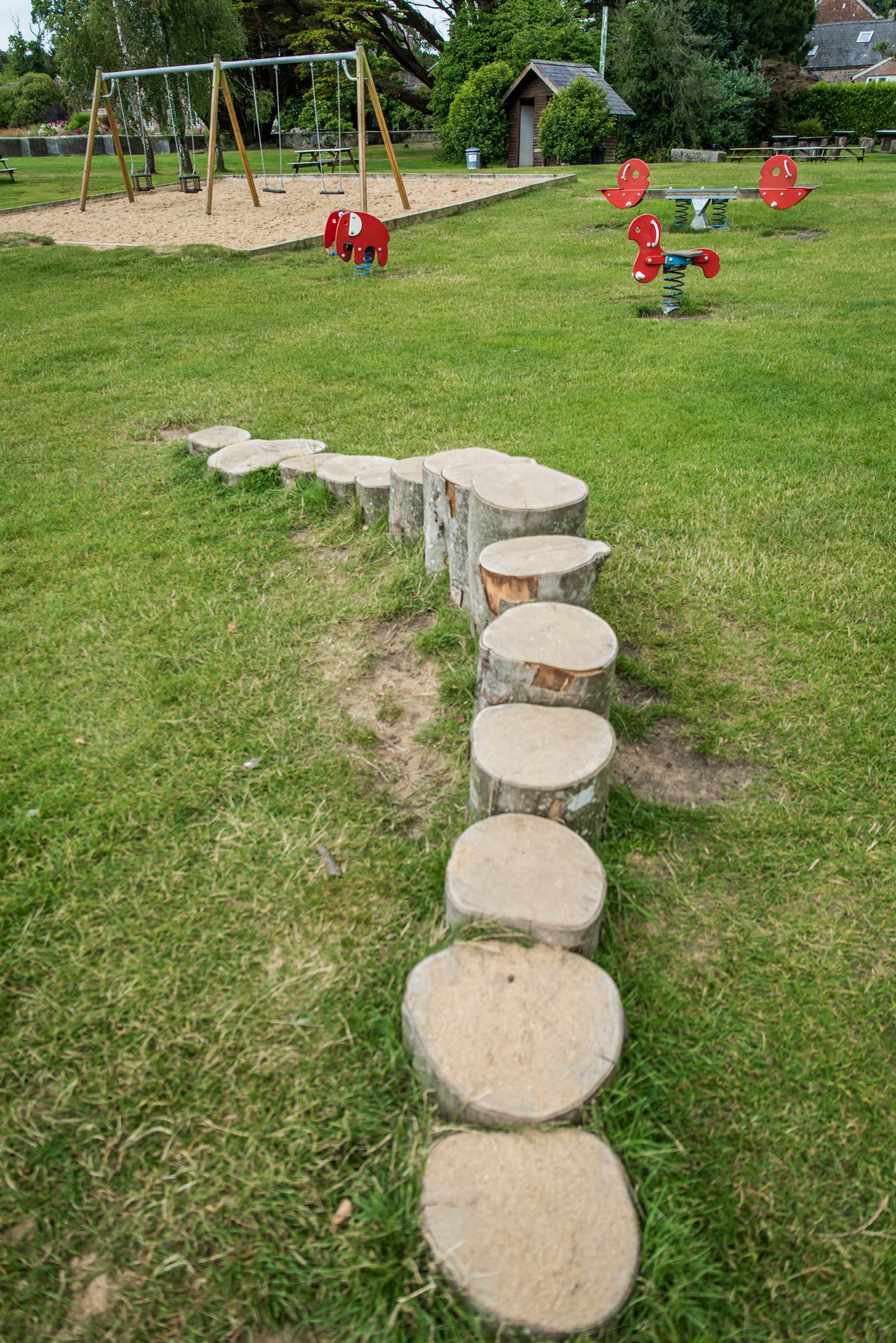 wooden stumps in a row going from shortest to tallest then back to shortest