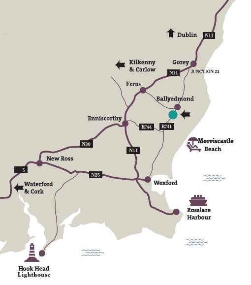 Map - Wells House Location Graphic of Southeast Ireland showing roads leading to Wells House
