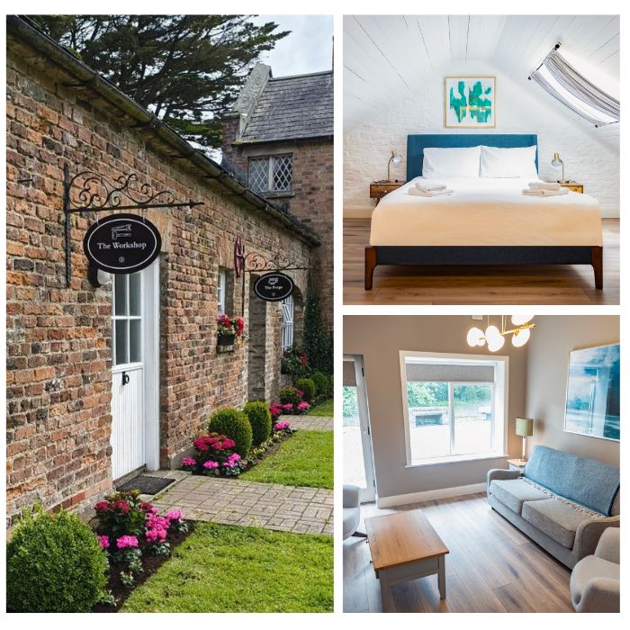 Self Catering cottages wells Autumn 2025 Collage of images depicting Wells Self Catering Cottages, on the left the front door, top right a double bed , bottom right the living area with sofa, armchair and coffee table.